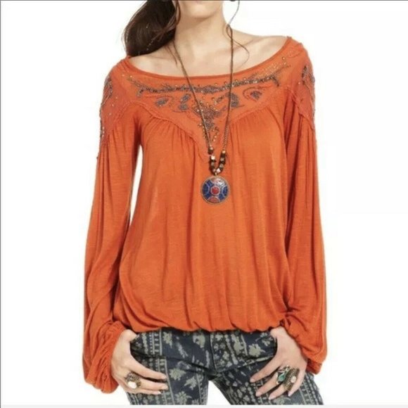 Free People Tops - Free People Large Top Burnt Orange Boho Beaded Top